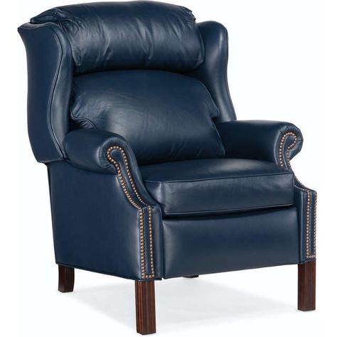 Genuine leather recliner, made in the USA and built to last. Navy Recliner Living Room, Leather Wing Chair, Chair Recliner, Wings Design, Leather Recliner, Wing Chair, Power Button, Mahogany Wood, Nebraska Furniture Mart