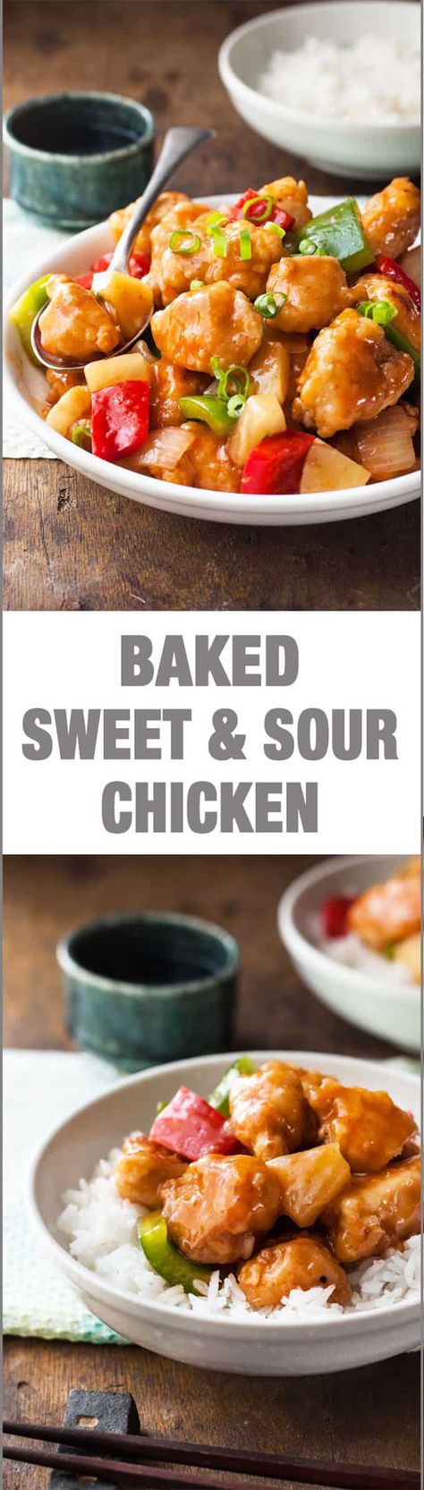 Oven Baked Sweet and Sour Chicken - this recipe is not like the usual. The chicken is crispy, not dry and the sauce is not overly sweet but still really glossy and sticky! Baked Sweet And Sour Chicken Recipe, Baked Sweet And Sour Chicken, Sweet And Sour Chicken Recipe, Sour Chicken Recipe, Sweet Sour Sauce, Sweet And Sour Chicken, Thighs Recipe, Sweet Chicken, Sweet Sour Chicken