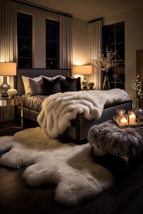 Room Inspo Luxury Aesthetic, White Fur Rug Bedroom, Aesthetic Fancy Bedroom, Luxury Chic Bedroom, Luxury Fur Bedding, Black Bedroom Women, Fancy Home Aesthetic, Calm Luxury Bedroom, Glam Bedroom Decor Luxury Classy Vintage