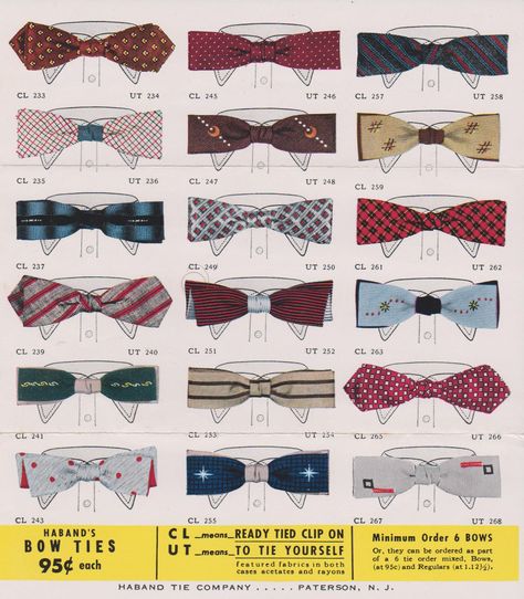 Very cool 50's bow ties from the Haband Tie Company. Another great vintage find! 1950s Menswear, 1950 Mens Fashion, How To Sell Clothes, Vintage Bow Tie, Mens Bowtie, Vintage Ties, Tv Antennas, Vintage Advertising Posters, Dinner Jacket