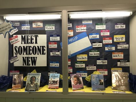 Our library display case features biographies and name tags Biography Library Display, Display Case Ideas For School, Library Display Case Ideas, Back To School Display Case, School Display Case Ideas, Middle School Library Displays, Display Case Ideas, Makerspace Elementary, School Library Book Displays