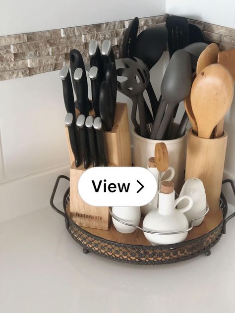 Lemon8 · Kitchen organization 🫶🍋✨ · @Lissan Estrada Kitchen Cutlery Ideas, Brown Wood Home Decor, Black Brown Kitchen Decor, Wooden And Cream Kitchen, Beige Kitchen Decor Ideas, Black And Neutral Kitchen Decor, Counter Top Storage Ideas Kitchen, Black And Cream Kitchen Ideas, Black White And Tan Kitchen