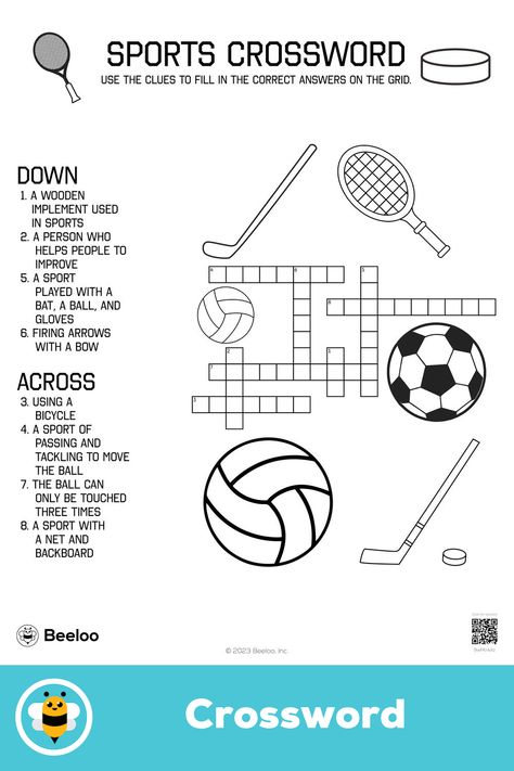 Advanced sports-themed crossword puzzle for kids ages 8 and up Sports Crossword, Sports Printables, Sport Themed Crafts, Sport Theme, Crafts And Activities For Kids, Cut And Paste Worksheets, Puzzle For Kids, Conversational English, Grade 7