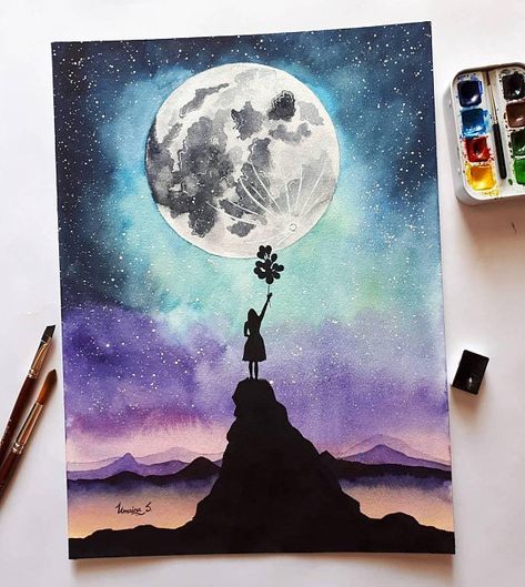 Girl Watercolor Painting, Indoor Painting, Freedom Girl, Moon Girl, Galaxy Art, Painting Tips, Diy Canvas, Gsm Paper, A Drawing