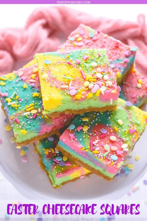 Looking for a fun and whimsical treat to celebrate Easter or the Spring Equinox? Make these Easter #Cheesecake Bars for the perfect dessert. #dessert #cheesecakebars #vanillacheesecake #dessertrecipes Apple Fries, Easter Cheesecake, Cookie Bars Easy, Holidays Recipes, Unicorn Desserts, Fantastic Recipes, Lemon Sugar Cookies, Holiday Dishes, Sugar Cookie Bars