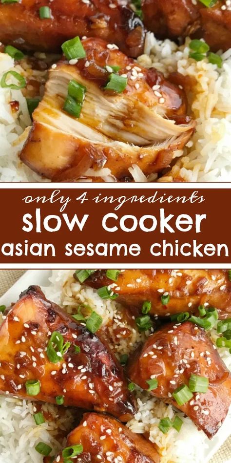 Slow Cooker Asian Sesame Chicken | Crock Pot Recipes | Chicken Recipes | Dinner | This easy, 4 ingredient asian sesame chicken is made in the slow cooker for a simple, dump and go dinner recipe. #easydinnerrecipes #dinnerrecipes #chicken #slowcooker #crockpot Crock Pot Recipes Chicken, Sesame Chicken Slow Cooker, Asian Sesame Chicken, Chicken Crock Pot Recipes, Top Crockpot Recipes, Slow Cooker Asian Chicken, Chicken Recipes Dinner, Easy Crockpot Recipes Healthy, Chicken Crock Pot