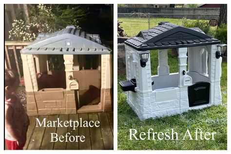 Playhouse Makeover Step 2, Lil Tikes Playhouse Makeover, Playhouse Makeover Little Tikes, Step 2 Playhouse Makeover, Redoing Plastic Playhouse, Toddler Playhouse, Kids Backyard Playground, Summer Diy Projects, Diy Playhouse