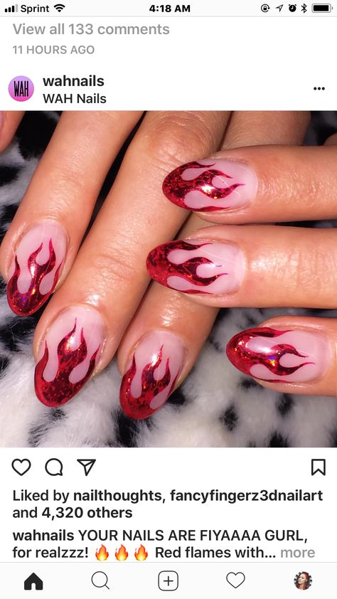 Red Chrome Flame Nails, Metallic Flame Nails, Red Flame Nails Short, Moto Nails, Glitter Flame Nails, Red Flame Nails, Flame Nail Designs, Rocker Nails, Rockstar Nails