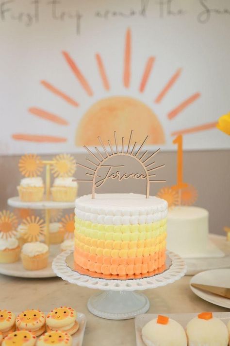 First Birthdays Ideas, First Birthday Cake Sunshine, Second Trip Around The Sun Birthday, Sun Cake First Birthday, Half Way Around The Sun Birthday, Sun 1st Birthday Cake, One In The Sun First Birthday Cake, Sun Sheet Cake, Boho Sun Birthday Cake