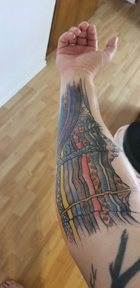 My mostly healed geology sleeve start Geological Tattoo, Geology Tattoo Ideas, Rock Tattoo Nature, Geode Tattoo, Cannon Tattoo, Geology Tattoo, Geology Illustration, Geo Tattoo, Nature Sleeve