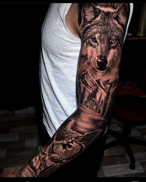 Full Sleeve Wolf Tattoos For Guys, Wolf Arm Sleeve Tattoo, Wolf Sleeve Tattoo, Full Arm Wolf Tattoo, Half Sleeve Tattoos Wolf, Wolf Realism Tattoo Design, Wolf Sleeve, Wolf Tattoo Sleeve, Viking Tattoo Design