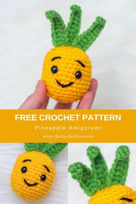 Amigurumi Pineapple - Free Pineapple Crochet Pattern Crochet Pineapple Patterns Free, Amigurumi Pineapple, Pineapple Crochet Pattern, Nicole Chase, Diy Crochet Amigurumi, Crochet Pineapple, Keychain Pattern, Quick Crochet Patterns, Crochet Keychain Pattern