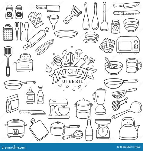 Set of doodle kitchen utensil outline in black isolated over white background Kitchen Items Drawing, Kitchen Doodles, Kitchen Utensils Illustration, Spoon Drawing, Planner Doodles, Knife Design, Kitchen Utensil, Background Illustration, Country Kitchen