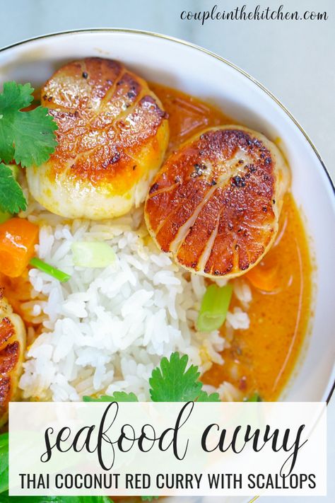 Thai Coconut Curry with Scallops - Seafood Curry | coupleinthekitchen.com Curried Scallops Recipe, Scallop Recipes Asian, Coconut Curry Scallops, Curry Scallops Recipe, Thai Scallops, Scallop Curry, Curry Scallops, Thai Seafood, Couple In The Kitchen