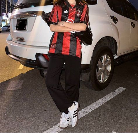 AC Milan jersey Ac Milan Jersey Outfit, Ac Milan Outfit, Ac Milan Jersey, Milan Outfits, Fire Outfits, Soccer Outfits, Random Aesthetic, Jersey Outfit, Retro Football