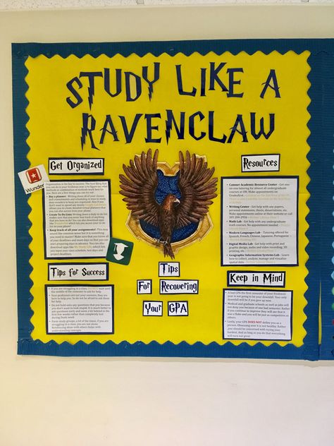 Harry Potter themed bulletin board. Study like a Ravenclaw! Study tips bulletin board - CK Ravenclaw Classroom, Harry Potter Ra Bulletin Boards, Harry Potter Bulletin Board, Harry Potter Classroom Theme, Hogwarts Classes, Seasonal Bulletin Boards, Res Life Bulletin Boards, High School Bulletin Boards, Ra Themes