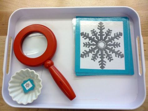 Snowflake matching tray with magnifying glass, for winter preschool science and discovery. Winter Theme Preschool, Winter Science, Snow Theme, Montessori Practical Life, Winter Classroom, Winter Kindergarten, Montessori Ideas, Winter Preschool, Preschool Science