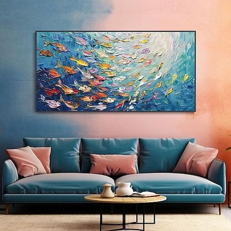 Large Artwork Living Room, Fish Oil Painting, Modern Wall Art Living Room, Mudroom Bathroom, Ocean Paintings, Entry Mudroom, Large Modern Wall Art, Office Entry, Large Canvas Painting