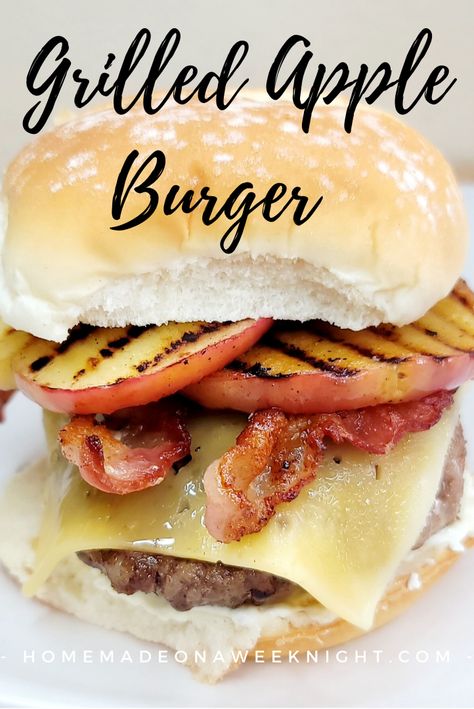 Grilled Apple Burger - #whatsonyourburger https://homemadeonaweeknight.com/2021/07/07/grilled-apple-burger/ #burgerrecipes #burgernation #grilledappleburger Apple Burger, Burger Sides, Apple Coleslaw, Burger Specials, Juicy Burger, Apple Jam, Bbq Burgers, Pork Bacon, Bacon Burger