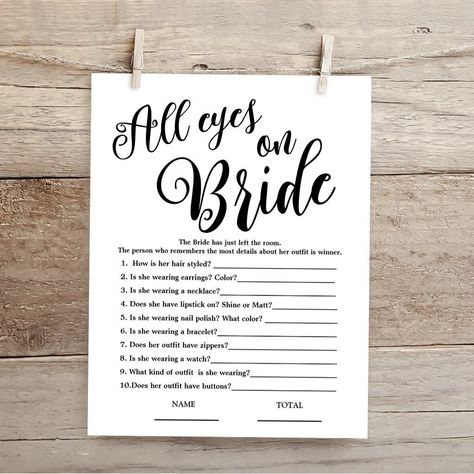 All eyes on Bride Simple Bridal Shower Game Editable Blank Ice Breaker Bridal Shower Games, Wedding Shower Letter Board, Date Night Bridal Shower Game, New Bridal Shower Games, Classy Bridal Shower Games, Simple Bridal Shower Games, Bride Shower Ideas, Easy Bridal Shower Games, Bridal Shower Games Funny Interactive