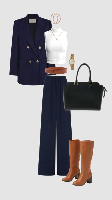 #navyblue #cognac #oldmoney #elegant #classy #outfit #fashion #aesthetic Preppy Classy Outfits Aesthetic, Classy Navy Outfits, Navy And Chestnut Outfit, Navy Blue Outfit Ideas Classy, Navy Blue Casual Outfit, Navy Blue And Grey Outfit, Navy Blue Bag Outfit, Navy Blue And White Outfits, Polyvore Outfits Classy