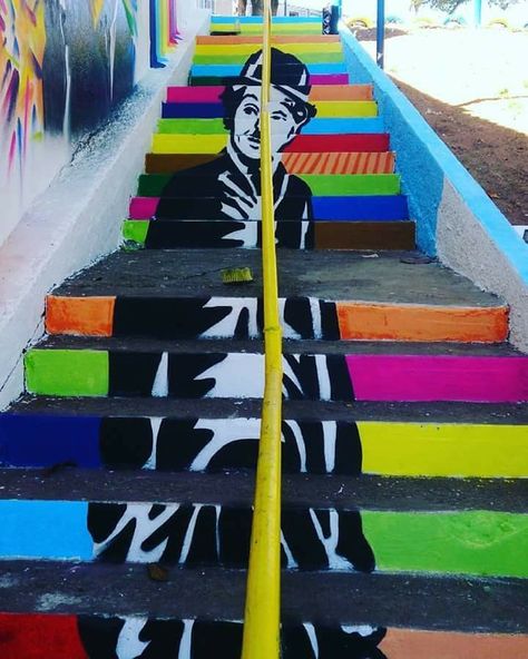 Arch Stairs, Stairs Colours, Outside Steps, Pavement Art, Café Design, Stair Wall, Street Marketing, Beautiful Streets, Street Design