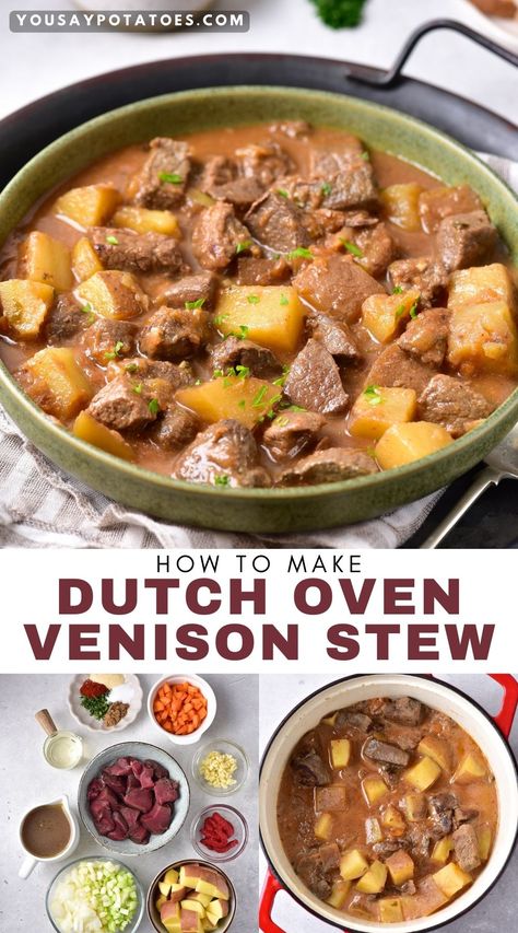 Bowl of stew, ingredients on a table and text: How to make Dutch Oven Venison Stew. Venison Dutch Oven Recipes, Deer Meat Stew Recipes, Venison Filet Recipes, Venison Potato Soup, Easy Venison Stew, Dutch Oven Venison Stew, Dutch Oven Venison Roast, Venison Pressure Cooker Recipes, Elk Stew Meat Recipes