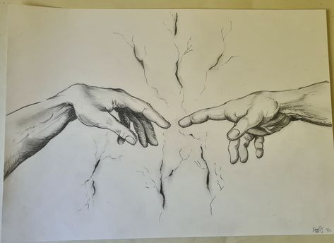 Pencil drawing of the hands from The Creation of Adam by Michelangelo Creation Of Adam Drawing, Michelangelo Hands, Art Splatter, Drawing Blood, Fineliner Art, The Creation Of Adam, Sketching Ideas, Pencil Drawing, The Creation