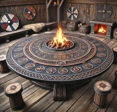 Viking Table Decor, Viking Room Decor, Viking Decor Interior Design, Viking Bar, Viking Furniture, Viking Table, Dark Academia Home, Viking House, Viking Decor