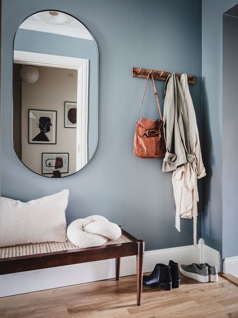 Blue Gray Hallway, Blue Grey Hallway, Blue And Green Interior Design, Light Blue Hallway, Light Blue Interior, Blue Hallway, Blue Walls Living Room, Hallway Colours, Swedish Apartment