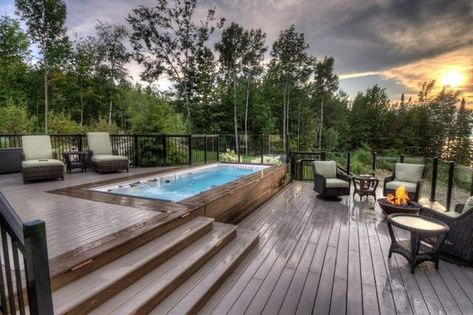 Muskoka Swim Spa and Deck - Rustic - Deck - Toronto - by Backyard Retreat Home & Leisure | Houzz Swim Spa Deck, Swim Spa Landscaping, Outdoor Swim Spa, Spa Landscaping, Small Backyard Decks, Backyard Spa, Retreat Home, Hot Tub Landscaping, Hot Tub Swim Spa