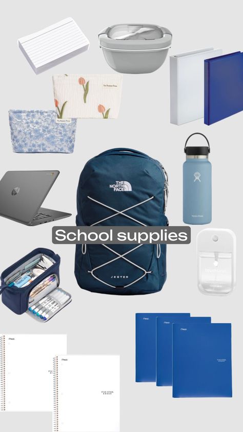 School supplies navy+white Blue Aesthetic School Supplies, Navy Blue Backpack Aesthetic, Blue And White School Supplies, Navy Blue School Supplies, School Supplies Aesthetic Blue, Coastal School Supplies, Aesthetic School Supplies Themes, Blue School Supplies, High School Prep