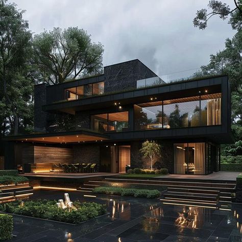 Luxury Villas #exteriordesign #outdoordesign #luxuryhomes #luxuryfurniture #luxurygarden #luxuryhouse #interiordesign #interiordecor #designlovers #luxuryhouse Dark Modern House Exterior, Dark Modern House Interiors, Black Luxury House, Dark Houses, Dark Modern House, Twilight House, Black Villa, Dark Luxury, Glass House Design