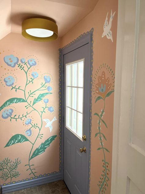 Cricut Interior Design, Hallway Wall Mural, Fun Hallway Ideas, Diy Wall Stamp, Doorway Mural, Painted Wall Pattern, Bedroom Mural Ideas, Whimsical Mural, Wall Stamp