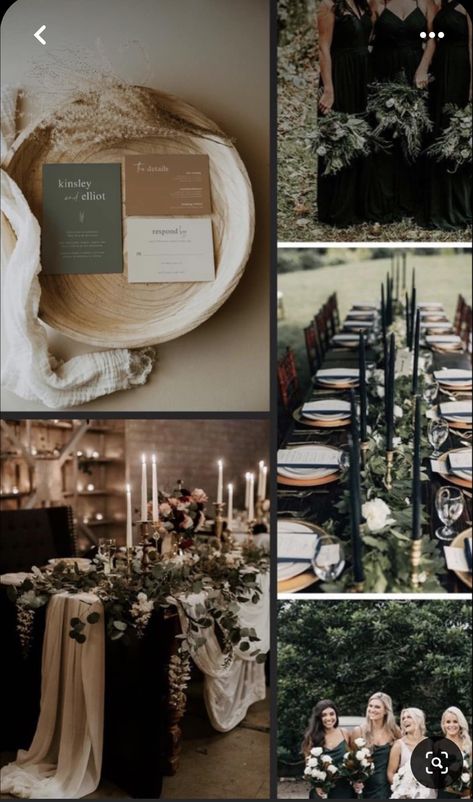 Sage Green Black And Brown Wedding, Black Sage Champagne Wedding, Black Brown Wedding Color Schemes, Brown And Greenery Wedding, Eucalyptus And Tan Wedding, Olive Champagne Black Wedding, Hunter Green And Beige Wedding, Olive Green And Neutral Wedding, Black Green And Tan Wedding