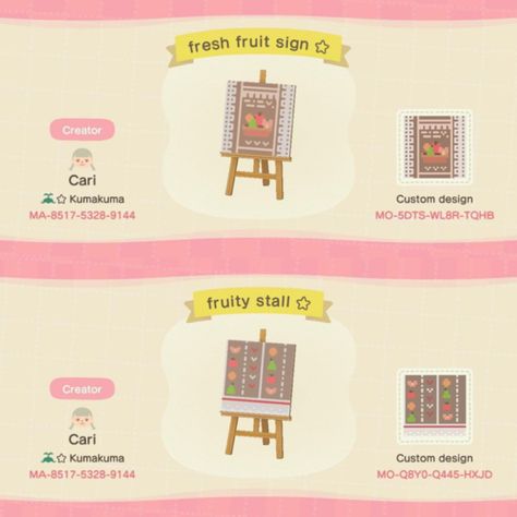 Acnh Fruit Stand Design, Acnh Plaza, Acnh Fruit, Acnh Orchard, Acnh Custom Designs, Fruit Stall, Motif Acnl, Stall Signs, Acnh Design