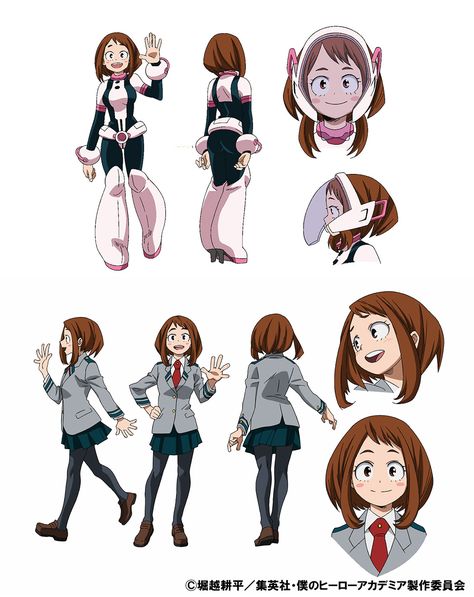 Manga Character Reference Sheet, Ochako Uraraka Reference, My Hero Academia Character Design Sheet, Uraraka Full Body Picture, Mha Screenshots Oc, My Hero Academia Character Sheet, Bnha Character Design, Professional Character Design Sheet, Mha Style Reference