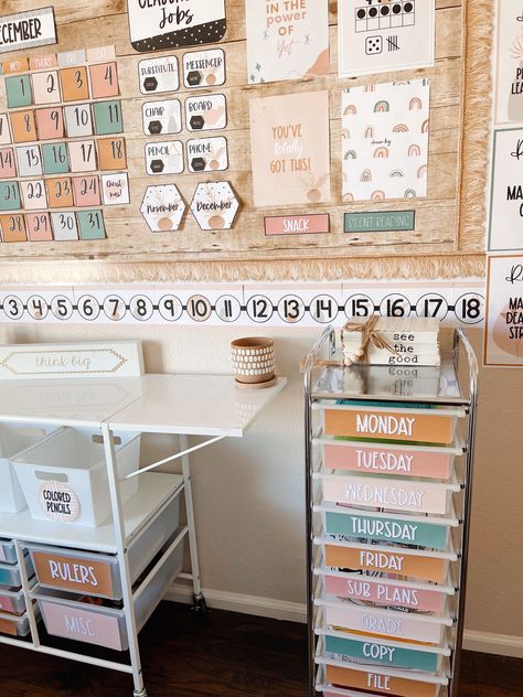 This image shows a boho classroom theme with neutral colors, plants, white beads, and posters on a boho bulletin board with a fringe border. Boho Classroom Aesthetic, Tutoring Room, Boho Classroom Theme, Vintage Classroom Decor, Classroom Curtains, Cozy Classroom, Groovy Classroom, Classroom Aesthetic, Teacher Job