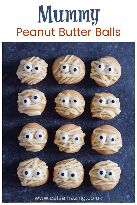 How to make cute and easy Mummy Peanut Butter Balls - fun Halloween recipe for kids #EatsAmazing #Halloween #HalloweenFood #HalloweenRecipe #PeanutButter #FoodArt #PartyFood Halloween Peanut Butter Balls, Halloween Food For Kids, Halloween With Kids, Peanut Butter Ball, Mummy Recipes, Chocolate Line, Healthy Halloween Food, Skippy Peanut Butter, Peanut Butter Balls Recipe