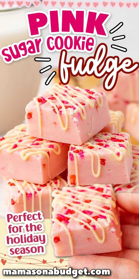 This Pink Sugar Cookie Fudge has a luscious white chocolate base, is filled with sugar cookie flavor, and is bursting with festive sprinkles. Pink Christmas Desserts, Pink Fudge, Sugar Cookie Fudge, Strawberry Fudge Recipe, Cookie Fudge, Pink Treats, Homemade Fudge Recipes, Homemade Truffles, Fudge Flavors