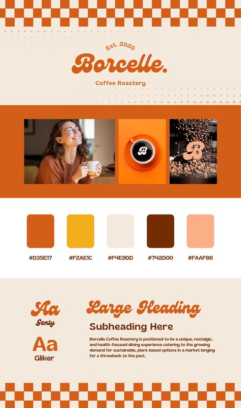 Retro Coffee Brand Design: Beige & Orange Mood Board Ideas Coffee Brand Mood Board, Color Palette For Coffee Brand, Orange Beige Color Palette, Coffee Shop Color Palette, Orange Mood Board, Coffee Brand Design, Mood Board Ideas, Orange Color Palette, Brand Board Template