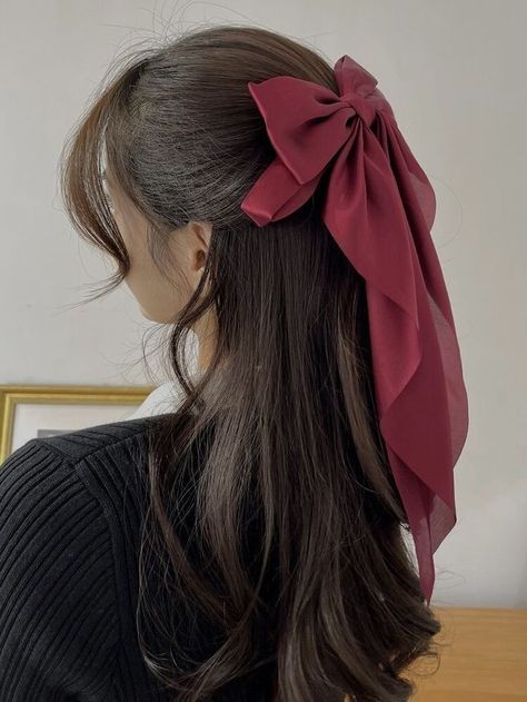 Hair Clips Styles For Long Hair, Ribbon Clips Hair, Hair Clips Ribbon, Bow Hair Tie Style, Bow Hairstyles Aesthetic, Hairstyle With Hair Bow, Cute Hair Bow Hairstyles, Hair Ribbon Hairstyles Aesthetic, Cute Hair Ribbons