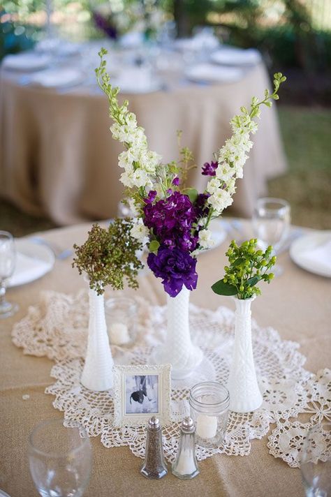 Hillside Wedding, Inexpensive Centerpieces, Milk Glass Centerpiece, Milk Glass Wedding, Milk Glass Decor, Elopement Party, Doily Wedding, Anniversary Decor, Unique Wedding Flowers