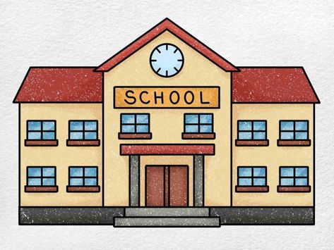 How to Draw a School - HelloArtsy My School Drawing For Kids, School Drawing Building, How To Draw Painting, Education Drawing, Drawing Sites, Scratch Book, School Drawing, School Background, Awesome Drawing