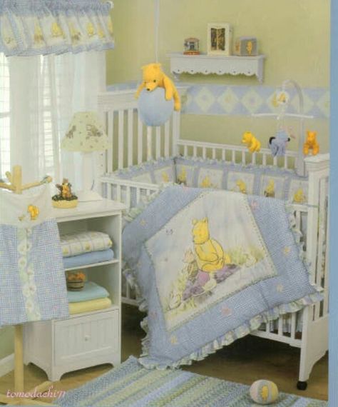 Classic Pooh nursery Pooh Nursery Ideas, Baby Room Mural Ideas, Winnie The Pooh Crib, Nursery Theme Ideas, Baby Room Wall Stickers, Vintage Pooh, Pooh Nursery, Boy Nursery Themes, Winnie The Pooh Nursery