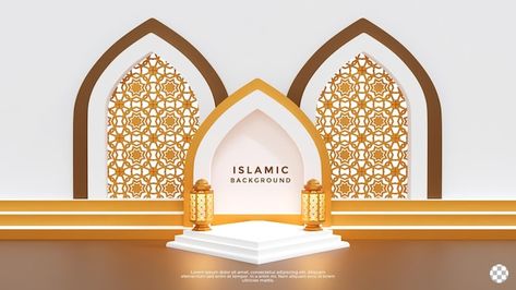 Islamic 3d podium display decoration in ... | Premium Psd #Freepik #psd #gold Islamic Stage Design, Islamic Backdrop, Wall Design Outdoor, 3d Mosque, Skull Furniture, 3d Podium, House Front Wall Design, Islamic Design Pattern, Eid Mubarak Wallpaper