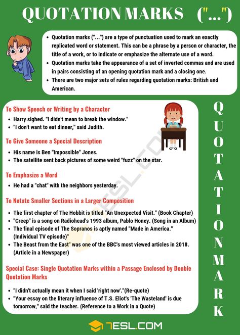 Quotation Marks: What Are They and When Do We Use Them? - 7 E S L Grammar Hacks, Grammer Rules, Punctuation Rules, English Teaching Materials, Elementary Learning, English Skills, Learn English Grammar, Interesting English Words, Quotation Marks