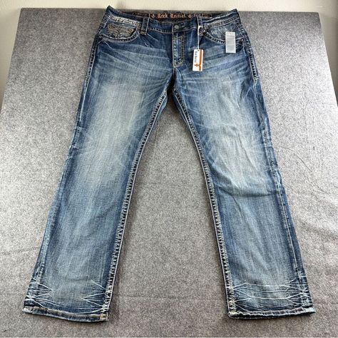 Mens Rock Revival Denim Jeans Albus Straight Size: 42 X 33 Brand New With Tags See Photos For Measurements Rock Revival Jeans Mens, Khaki Pants Men, Rock Revival Jeans, Mens Straight Jeans, Straight Leg Denim, Jeans Mens, Rock Revival, Stretch Jeans, Distressed Jeans