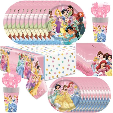 PRICES MAY VARY. Package: Princess birthday party Decorations set includes 1pc 180x108cm tablecloth, 10pcs 9" paper plates,10pcs 7"small paper plates,10pcs forks,10 knife,10spoon,10pcs paper cups,20pcs napkins. High Quality: All parts of princess tableware kit is safe for kids and adults!They are made of highly quality paper with strict production process, eco-friendly, non-toxic, sturdy and durable for peace of mind.The tablecloth is made of plastic with waterproof and easy to clean. Save Time: Princess Theme Party Decorations, Disney Princess Theme Birthday Party, Disney Princess Theme Party, Pink Princess Birthday Party, Pink Princess Birthday, Princess Birthday Decorations, Disney Princess Theme, Princess Birthday Party Decorations, Disney Princess Birthday Party