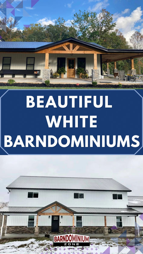 White Barndominiums White And Brown Barndominium, White Barndominium Exterior With Stone, White Barndominium Black Trim, Black And White Barndominium, White Barndominium Exterior, White Barndominium, Barndominium Pictures, Barndo Plans, Barndominium Exterior